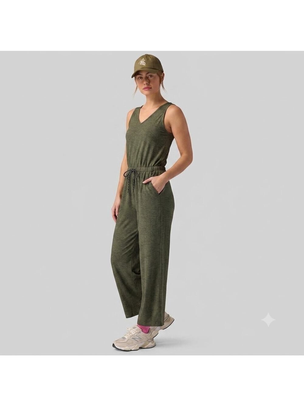 Old Navy Active Olive Green Sleeveless Jumpsuit Women M Pockets Travel Outfit